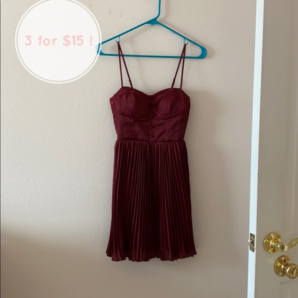 American Eagle Maroon Satin Flare Pleated Dress
